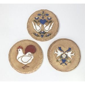 JC Stoneware Pottery 3 Handmade Ceramic Trivets/Wall Plaques Dive/Rooster 5 5/8”